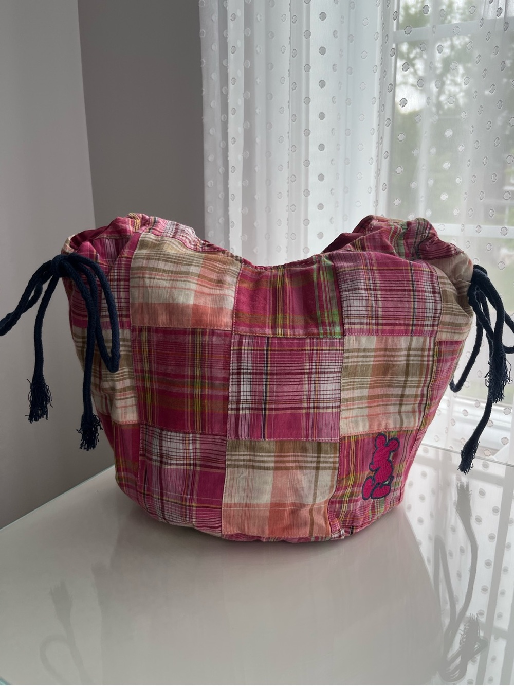 Disney Vintage Y2K Pink Plaid Patchwork Shoulder Bag with Navy Drawstrings - Picture 2 of 7